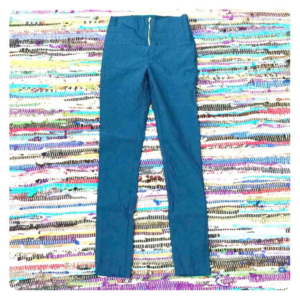 Stretchy high waist zip front pants